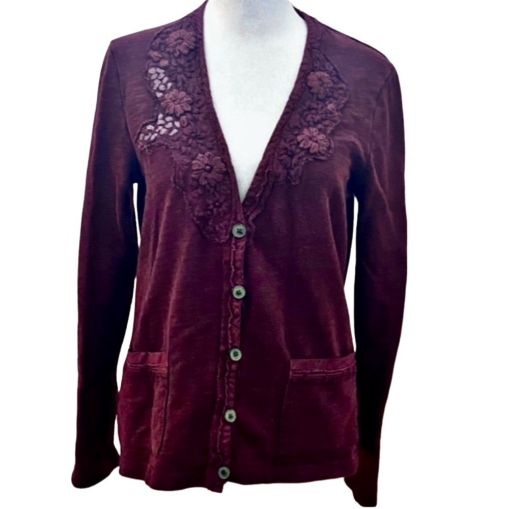 Eddie Bauer Maroon Cardigan with Floral Embroidered Accents. Button-up. Size M